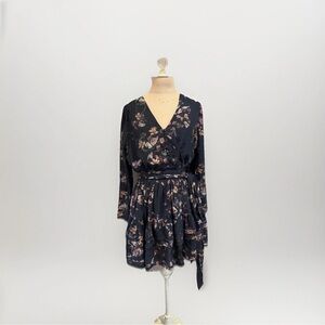 Secret Mission Chic Black Floral Long Sleeve Dress Belted Fall Cozy